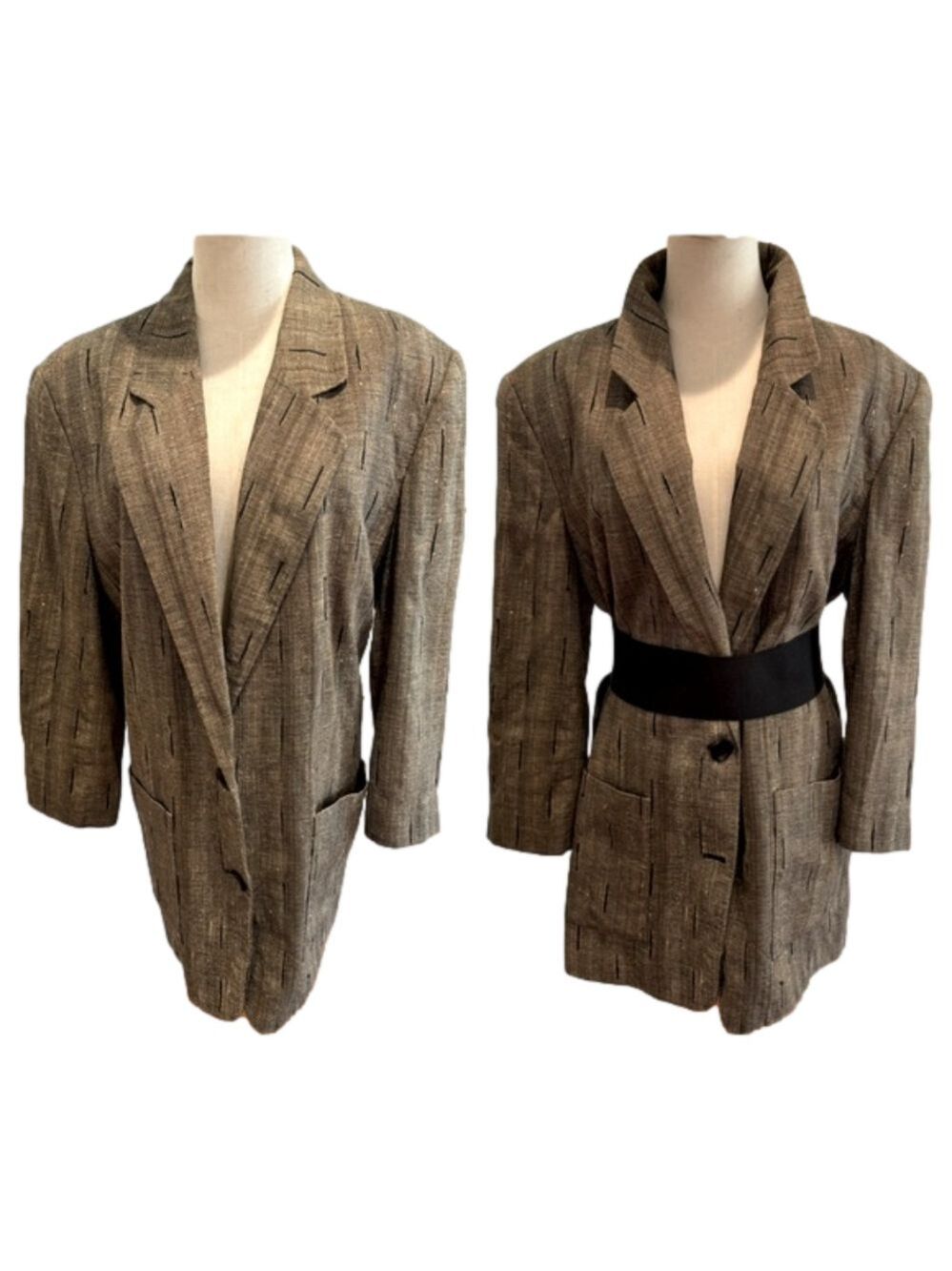 90s BOXY SILK & COTTON TAN & BLACK OVERSIZED BLAZER W GLASS ARTSY BUTTONS 12